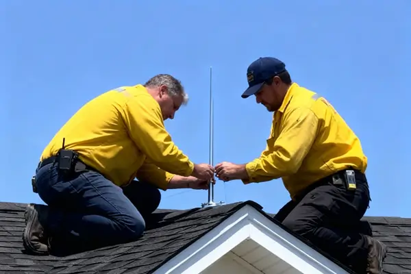 2 men installing lightning rods